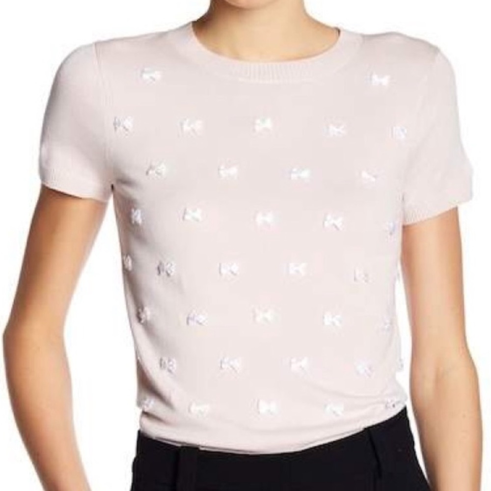 Only Mine Pale Pink Viscose Short Sleeve‎ Small White Bow Detail Shirt NWT M